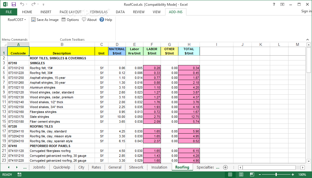 Roofcost estimator for excel 9.0