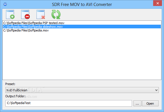 SDR Free MOV to AVI Converter screenshot 1 - The main window of SDR Free MOV to AVI Converter allows you to input the video files that you want to work with