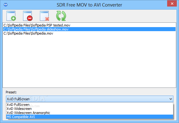 SDR Free MOV to AVI Converter screenshot 2 - From the dedicated menu, you can select the preferred output format in reference to the screen it can be played on