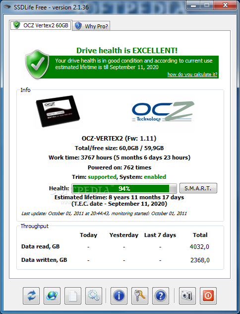 SSDlife Free screenshot 1 - The main window of the application displays the status of your Solid State Drive.