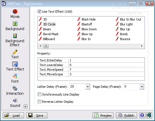SWF Text screenshot 3 - Users can choose from a  multitude of text effects that can be customised after being selected.