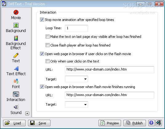 SWF Text screenshot 4 - Interaction options are available and users can choose to open a web page when the flash movie finishes running.