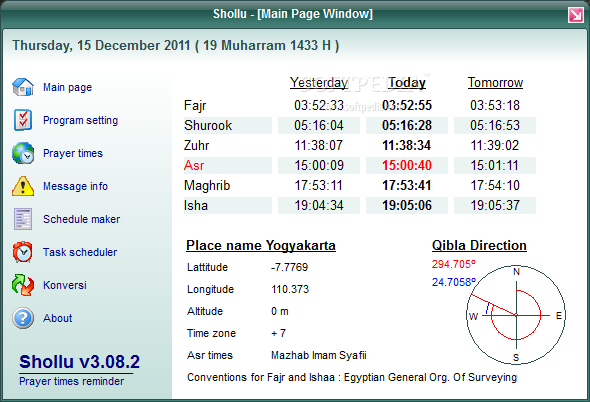 Shollu screenshot 1 - From the main window of the application you can view a daily prayer scheduler.