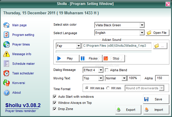 Shollu screenshot 2 - From this window you will be able to change the time format and the dialog message effect.