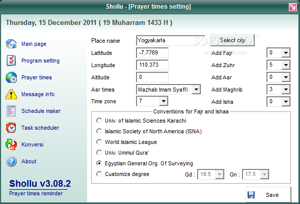 Shollu screenshot 3 - Conventions for Fajr and Ishaa can be provided by Egyptian General Org. of Surveying, World Islamic League and more.