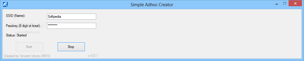 Simple Adhoc Creator screenshot 1 - From the main window of Simple Adhoc Creator you can set the SSID name and enter the passkey.