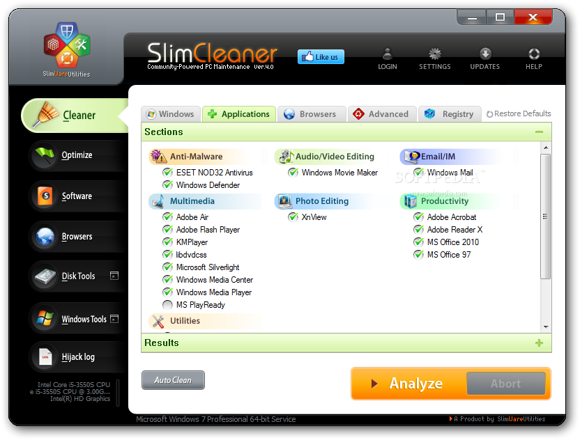 SlimCleaner screenshot 2 - Users will be able to access options such as Anti-Malware, Audio / Video Editing, Email / IM, Internet, Multimedia or Photo Editing