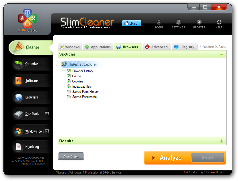 SlimCleaner screenshot 3 - The Browsers section of the Cleaner are will offer a list of options like Browser History, Cache, Cookies, Saved From History or Saved Passwords