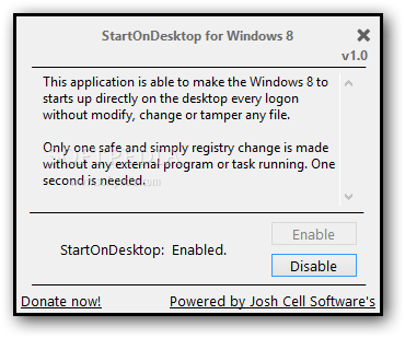 StartOnDesktop screenshot 1 - The main window of the application allows users to skip the Start Screen and directly access the desktop