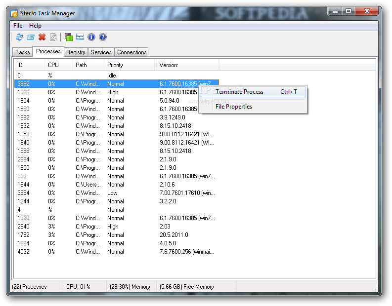 SterJo Task Manager screenshot 2 - The Processes tab shows the currently running processes and information such as filename, path or ID
