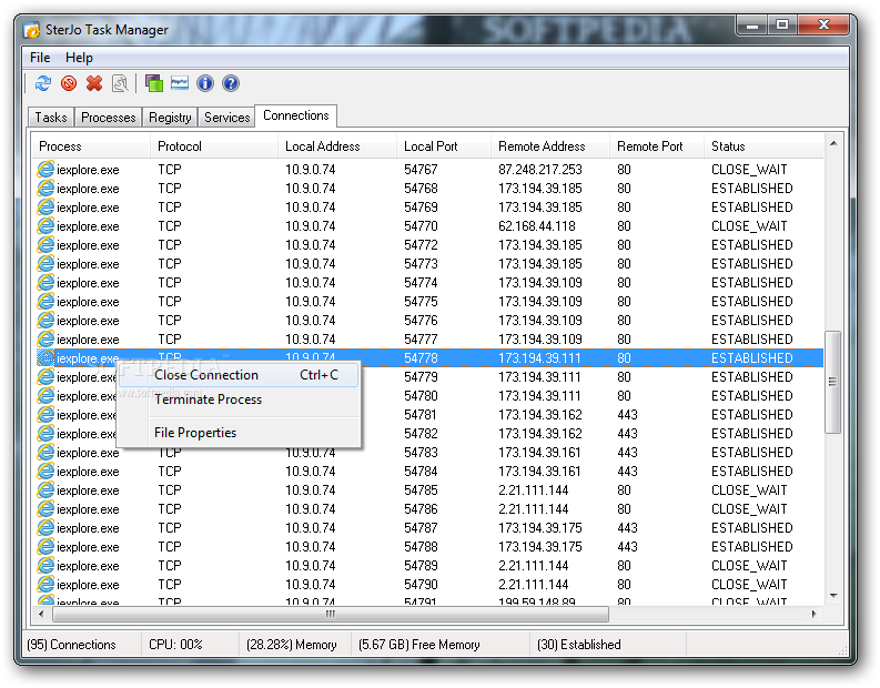 SterJo Task Manager screenshot 4 - The Connections tab displays all existing connections and details such as protocol, local address and status