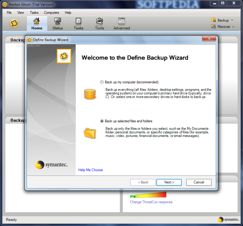 Norton Ghost screenshot 1 - When you launch Norton Ghost for the first time, you will be required to choose the files you want to backup