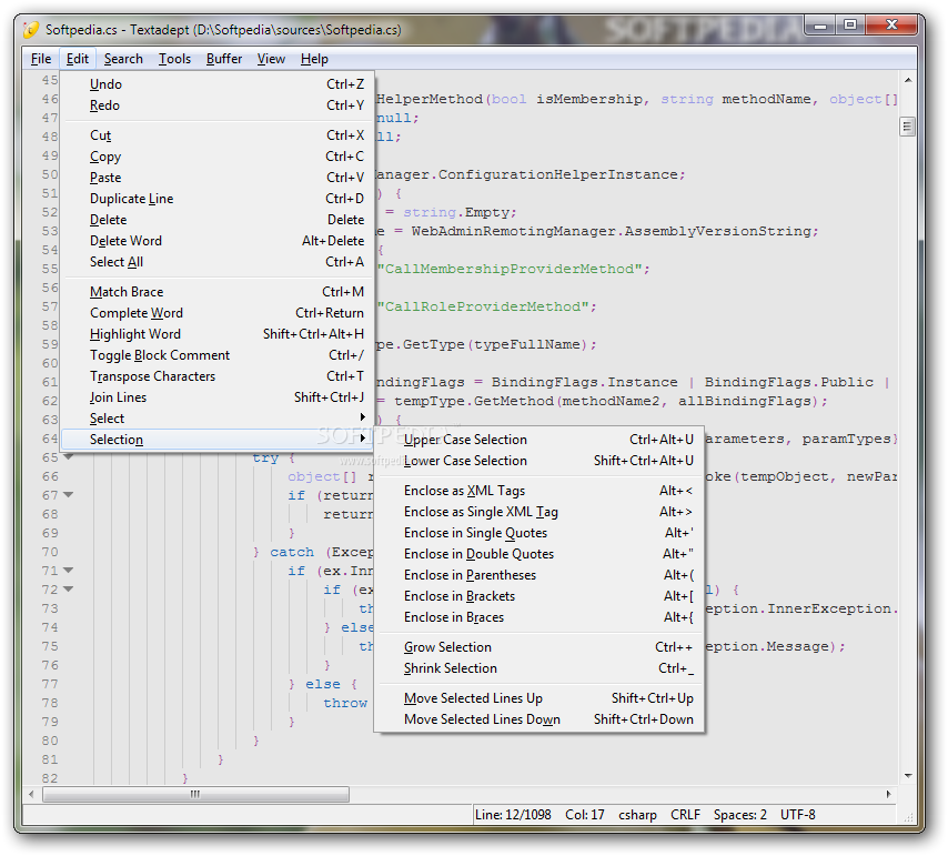 Textadept screenshot 2 - The Edit menu will allow users to fully customize the contents of the currently opened files