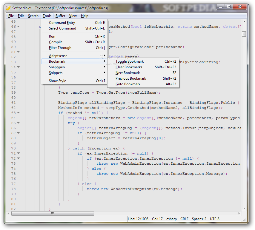 Textadept screenshot 3 - Users will be able to run, compile or filter their code within the Tools menu of the application