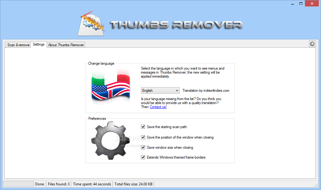 Thumbs Remover screenshot 2 - To configure the running options of Thumbs Remover you can modify the preferences from the Settings' menu.
