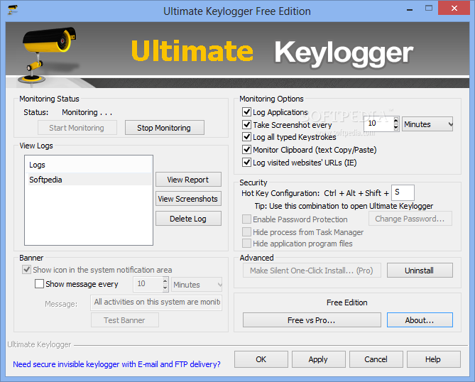 Ultimate Keylogger Free Edition screenshot 1 - Ultimate Keylogger Free Edition will provide users with a handy and reliable tool to record keystrokes, emails, chats and visited websites