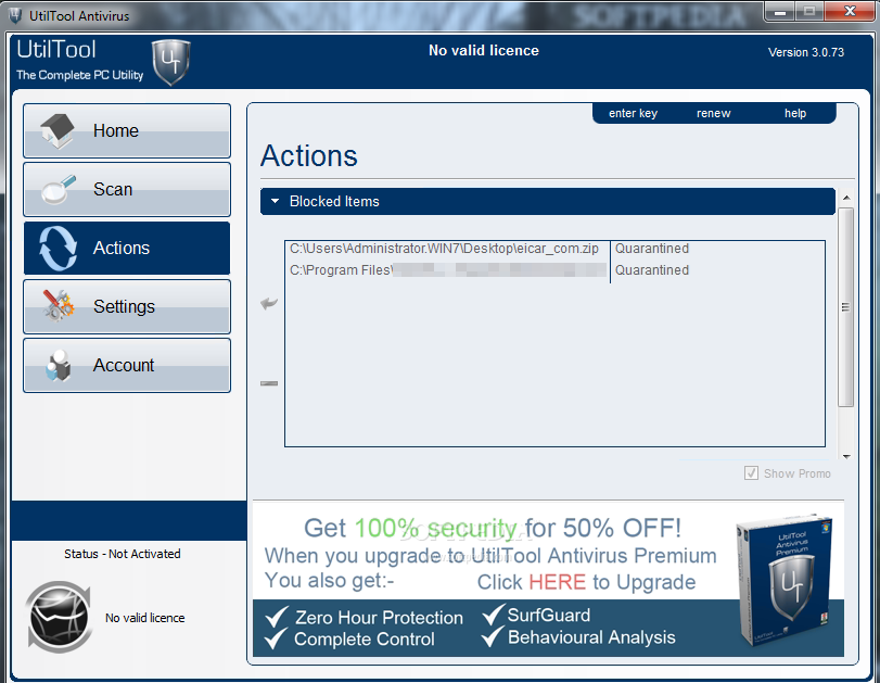 UtilTool Antivirus screenshot 2 - From this section of the application, you can view a list of all the quarantined items.