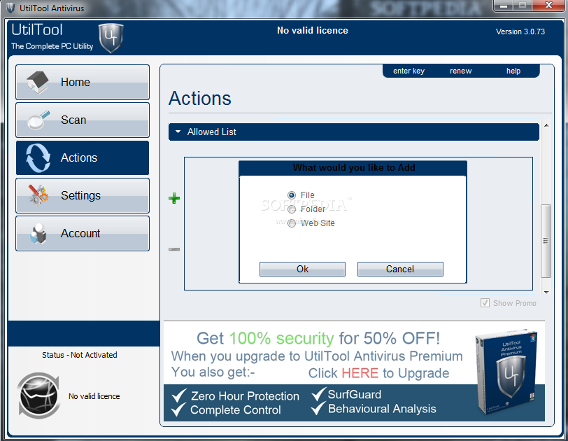 UtilTool Antivirus screenshot 3 - The program allows you to add exceptions to the scanning process and include them in the 'Allowed list'