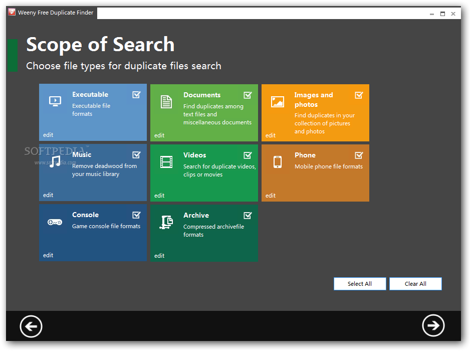 Weeny Free Duplicate Finder screenshot 3 - You will be able to select the file types you want to search for using the Scope of Search window.