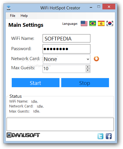 WiFi HotSpot Creator screenshot 1 - The main window of WiFi HotSpot Creator enables users to turn their computers into Internet hotspots