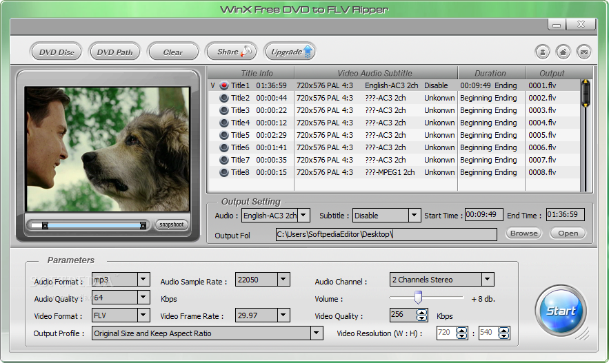 WinX Free DVD to FLV Ripper screenshot 1 - The  main window of WinX Free DVD to FLV Ripper allows users to load the disc they want to work with