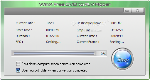 WinX Free DVD to FLV Ripper screenshot 2 - The dedicated window enables users to shutdown their computer after the ripping process ends