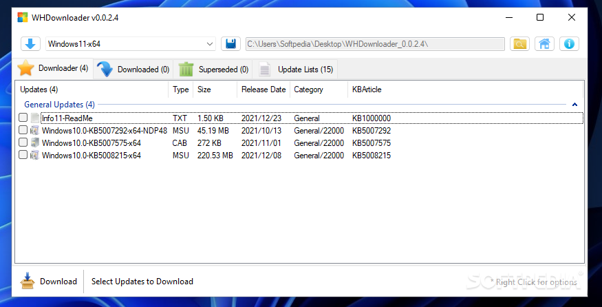 Windows Hotfix Downloader screenshot 1 - You can view a list of the available updates from the main window of Windows Hotfix Downloader.