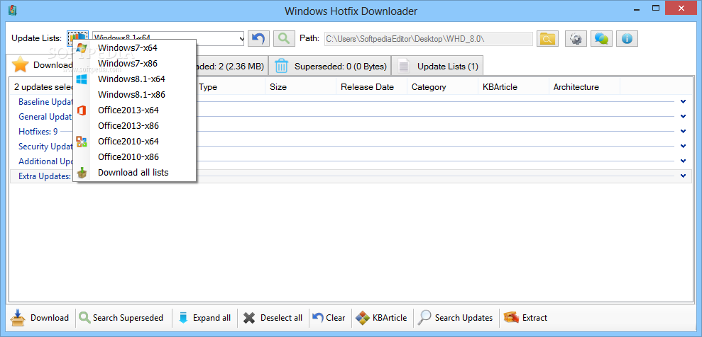 Windows Hotfix Downloader screenshot 3 - Users can select the latest lists and send them to the download queue with a single click.