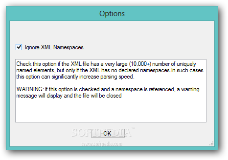 XMLMax Viewer screenshot 2 - The Options window of XMLMax Viewer allows users to enable an option to ignore XML namespaces.