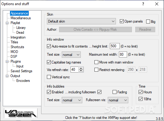 XMPlay screenshot 2 - The Appearance tab enables you to change the application's skin, specify the author and configure the text size and width