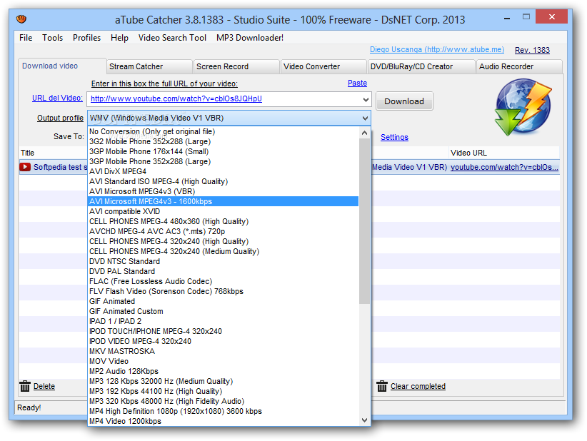 aTube Catcher screenshot 2 - Users can choose output formats such as 3G2, AVI DivX MPEG4, AVCHD, GIF, MP3 and MOV.